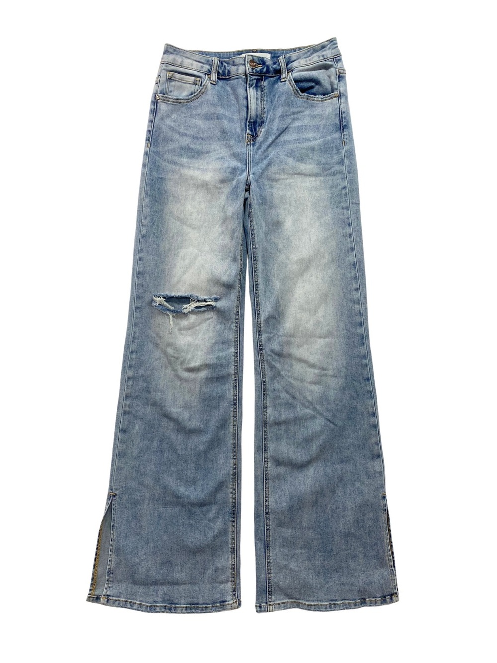 Risen High Rise Distressed Wide Leg Flare Jeans Slit Hem Blue Size 9/29